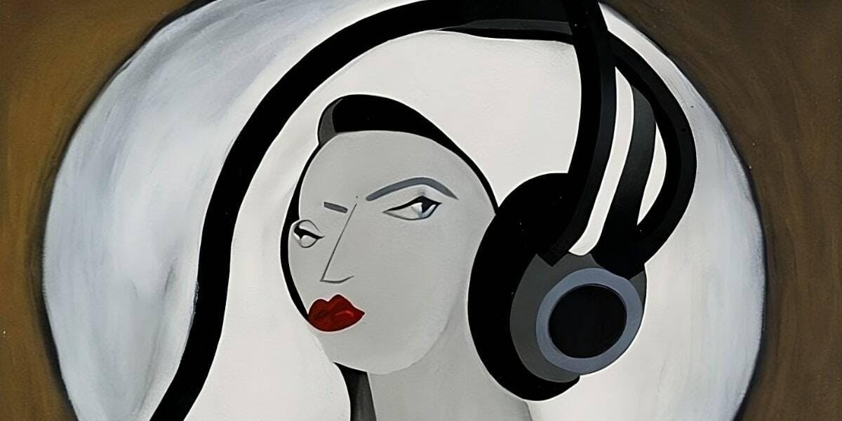 A woman with headphones on in the style of Tamara de Lempicka