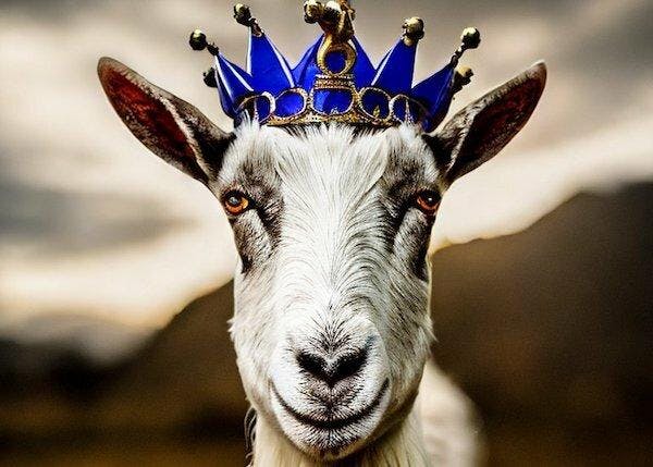 An AI generated imaged of a goat wearing a crown in an artistic style with professional lighting