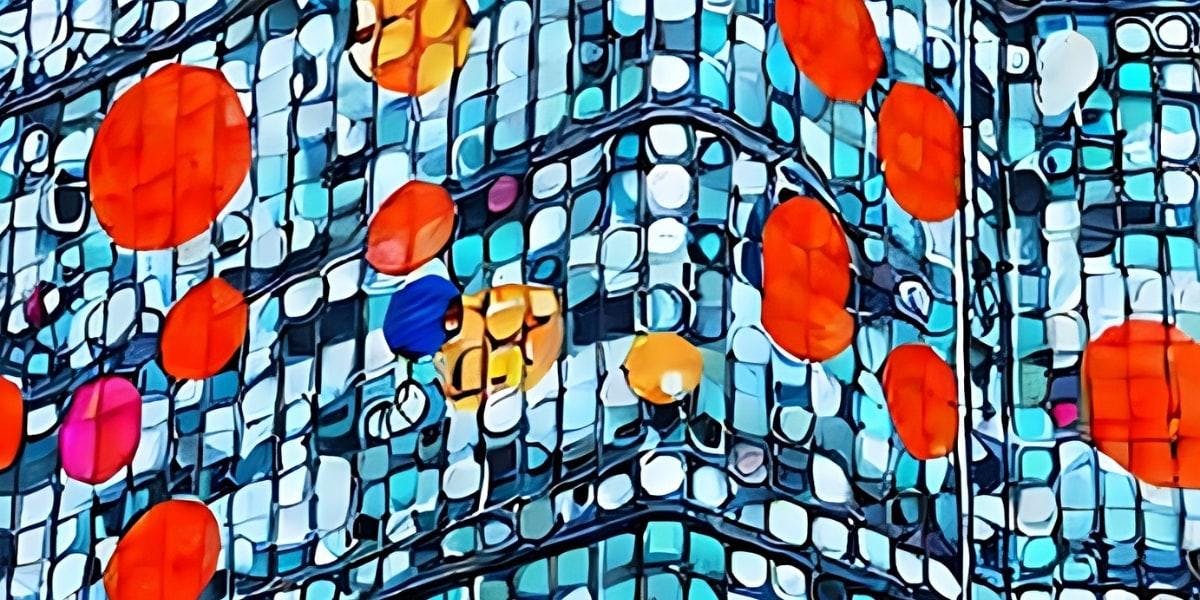 An illustration of colorful polka-dots on a large modern building in Tokyo