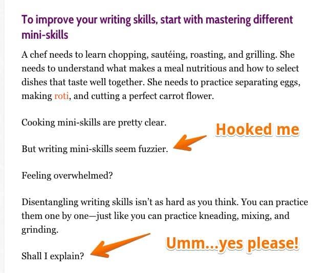 screenshot of an engaging text on how to improve your writing skills